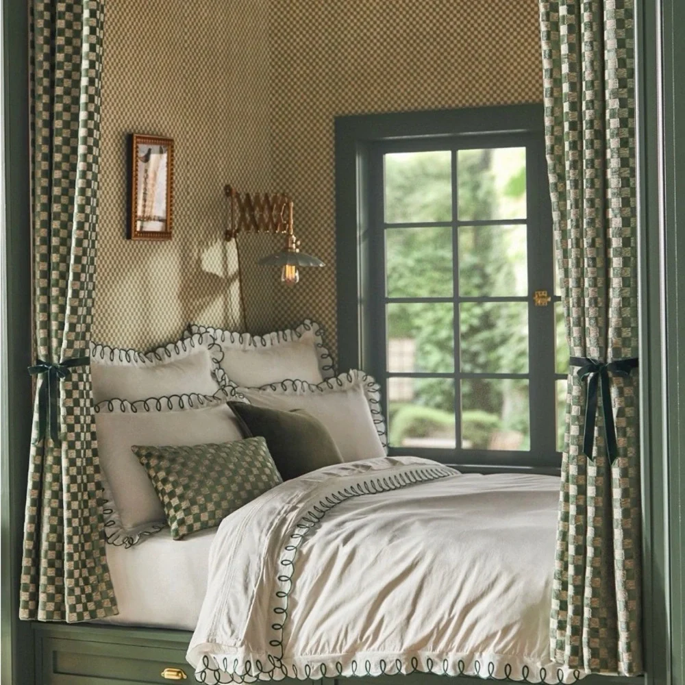 Set of 2 Anthropologie organic cotton looped embroidered pillow cover sham green